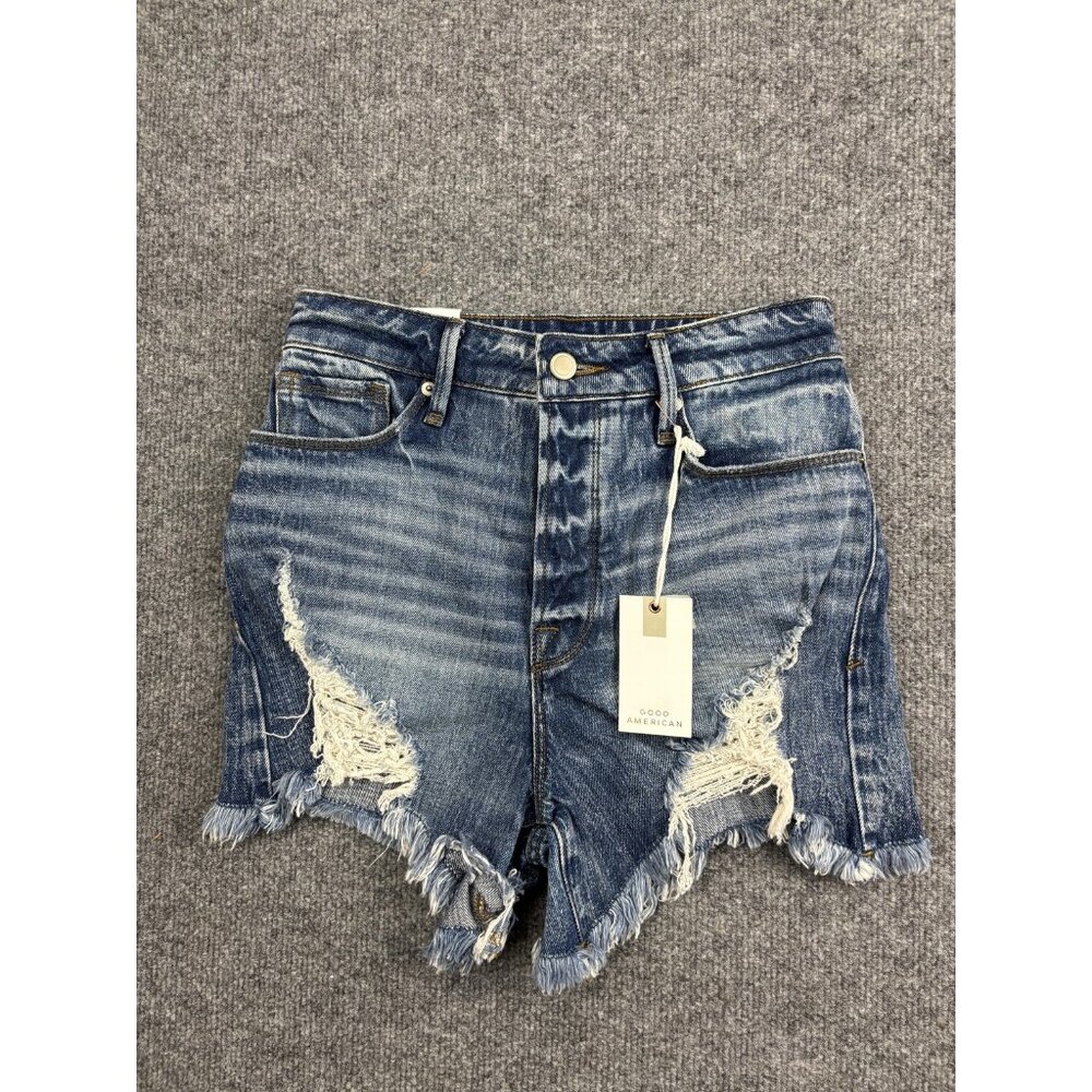 Good American Shorts Womens 00/24 Denim Bombshell Distressed Frayed Button Fly